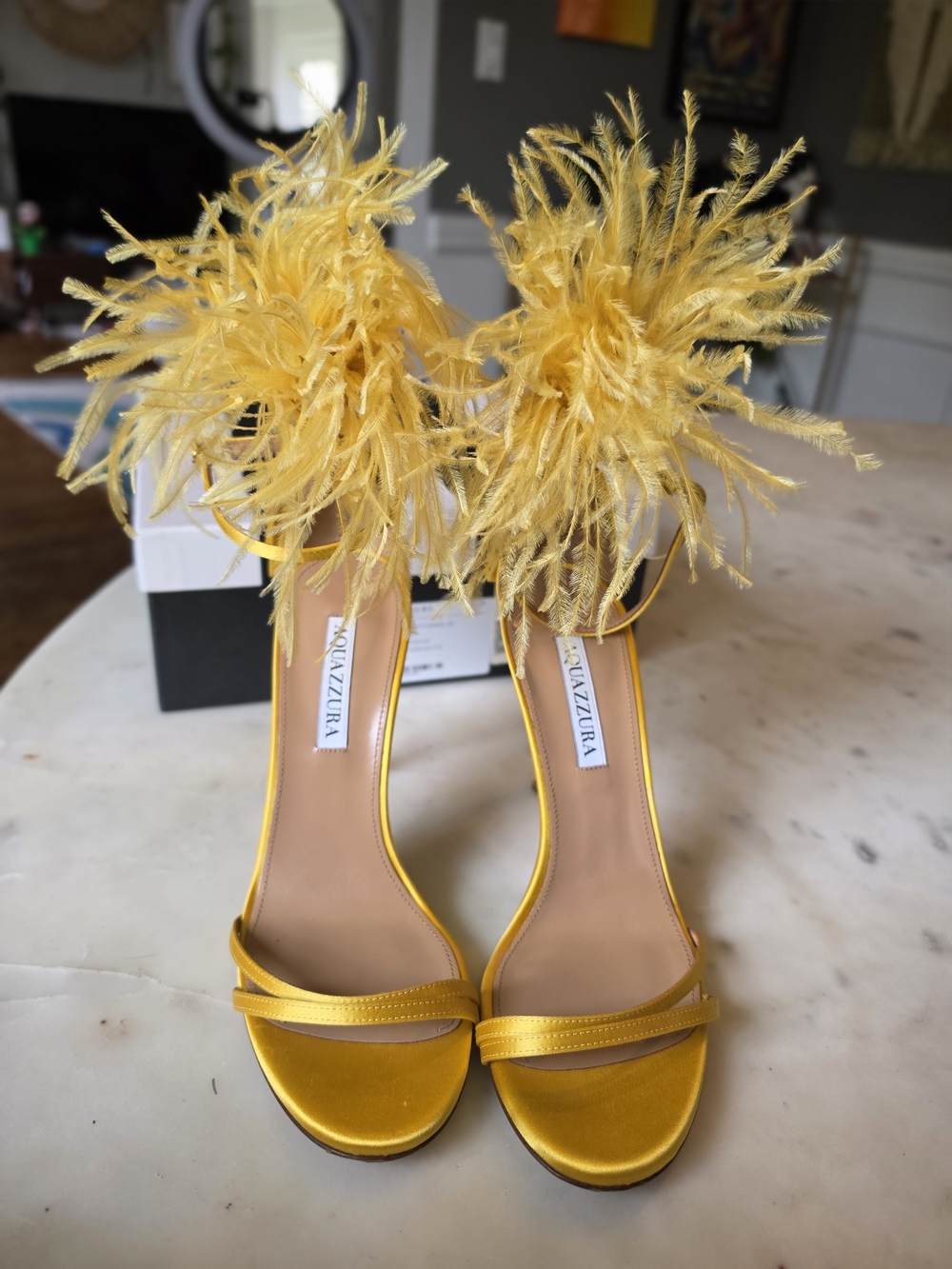 Aquazzura Concerto Feather Stiletto Sandals In Tuscan Sun Size 38/8 - Picture 5 of 13